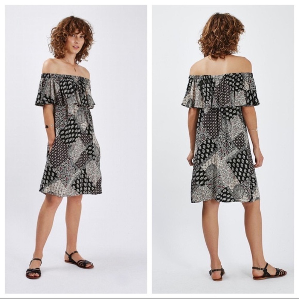 Topshop Patchwork Ruffle Bardot Off Shoulder Dress